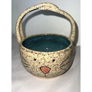 Bunny Rabbit Glazed Dish Turquoise Inside ,Ears Handle Easter Candy Dish 6”H